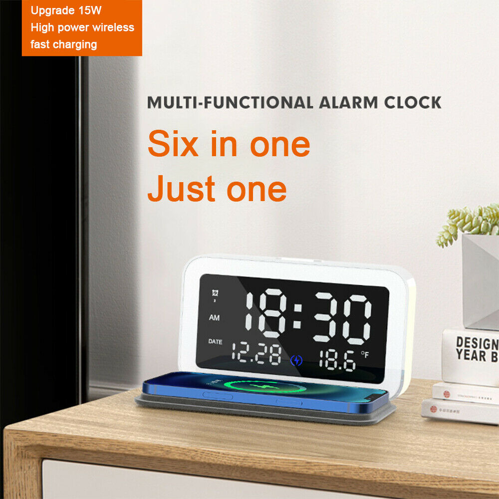 Digital LED Electric Alarm Clock With Phone Wireless Charger Thermometer Table