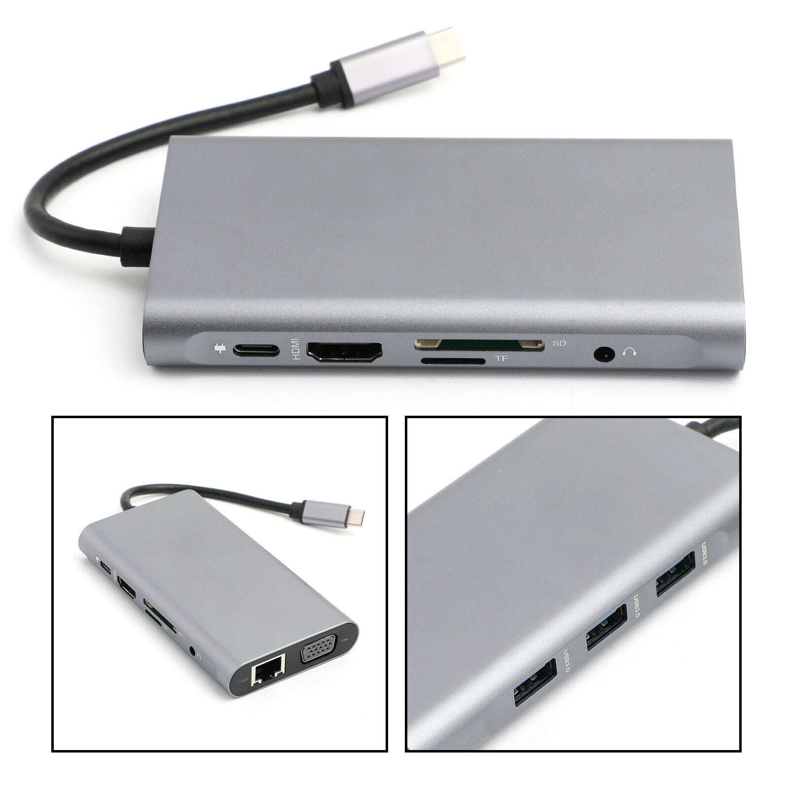 10-in-1 USB C HUB Type-C to USB3.0x3+4K HDMI+TF+RJ45+PD+3.5mm+VGA Adapter Dock