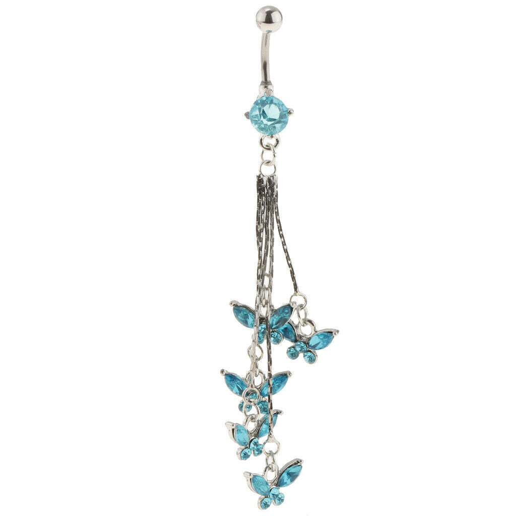Blue Tassel Dangle Rhinestone Belly Button Navel Ring