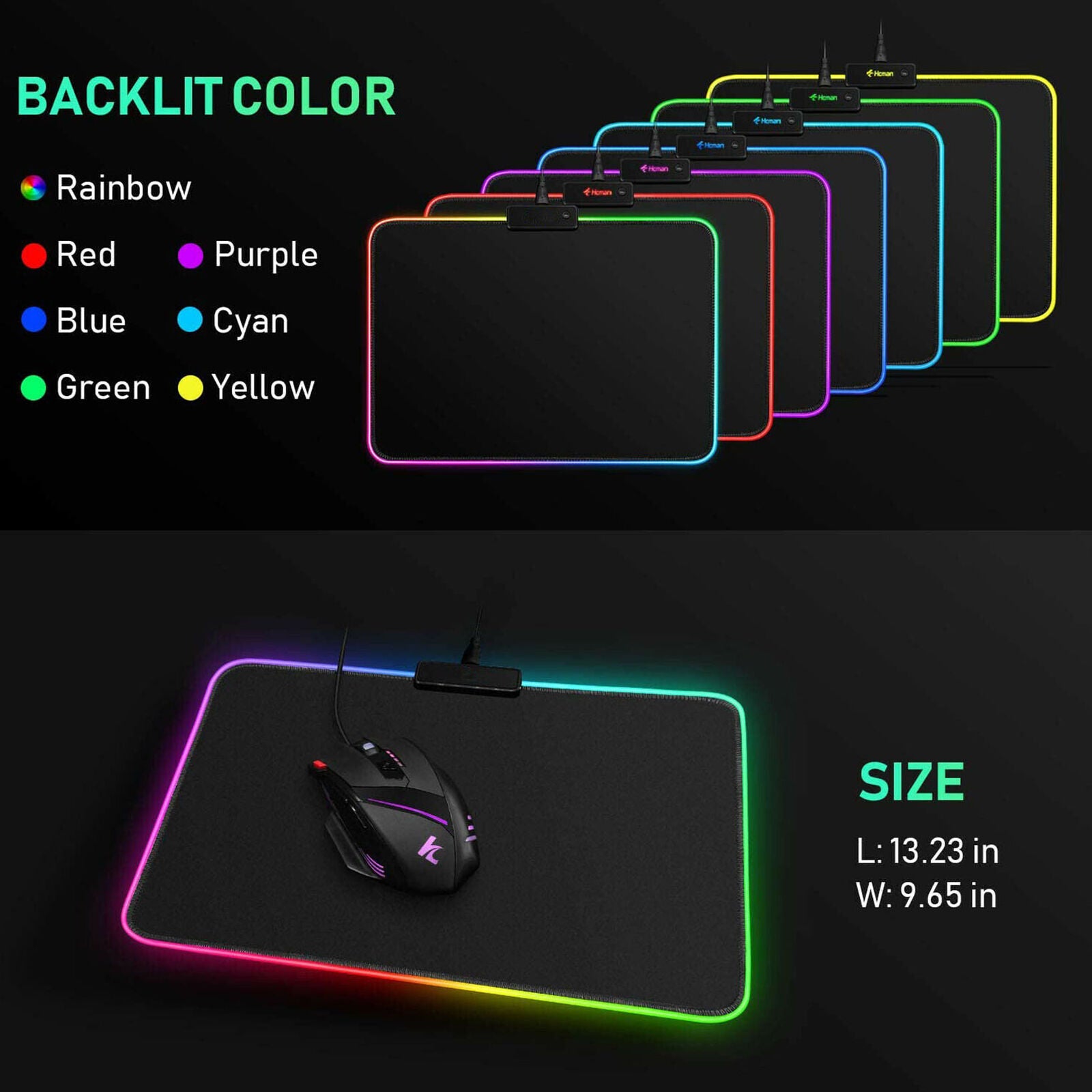 RGB Gaming Mouse Pad Large Color LED Lighting Wired USB 13.8 x 9.8 Inches