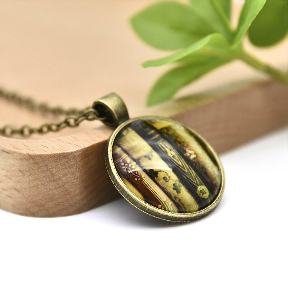 teacher's book gift Cabochon Tibetan Bronze Glass Chain Pendant Necklace CHI