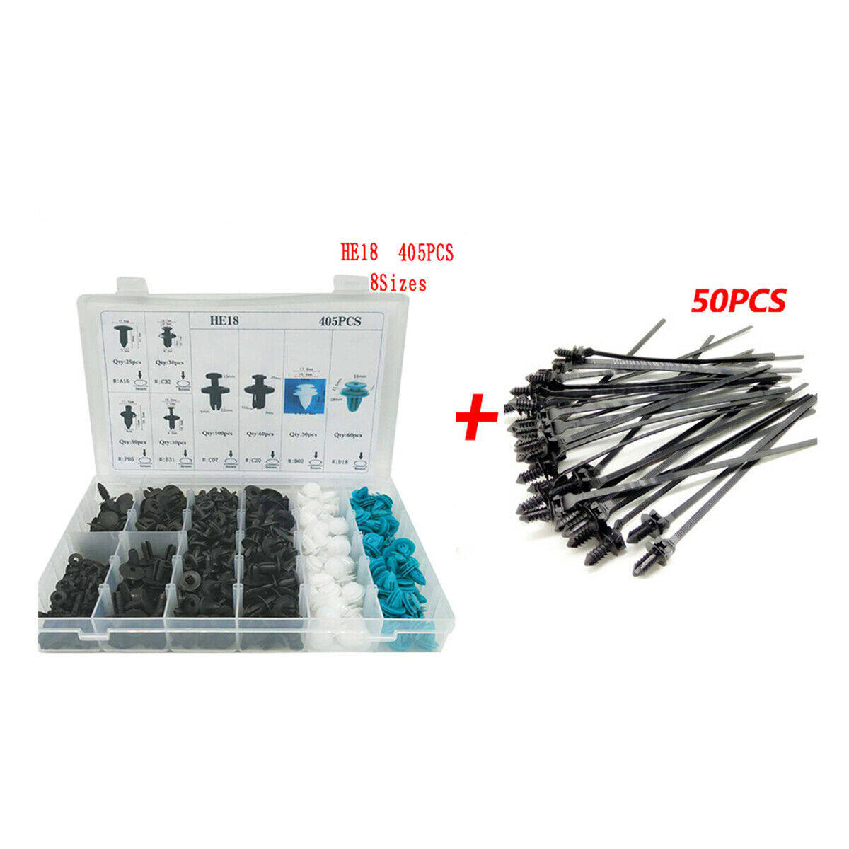 405PCS Universal Car Door Bumper Plastic Hybrid Fastener + 50PCS Cable Tie Kit