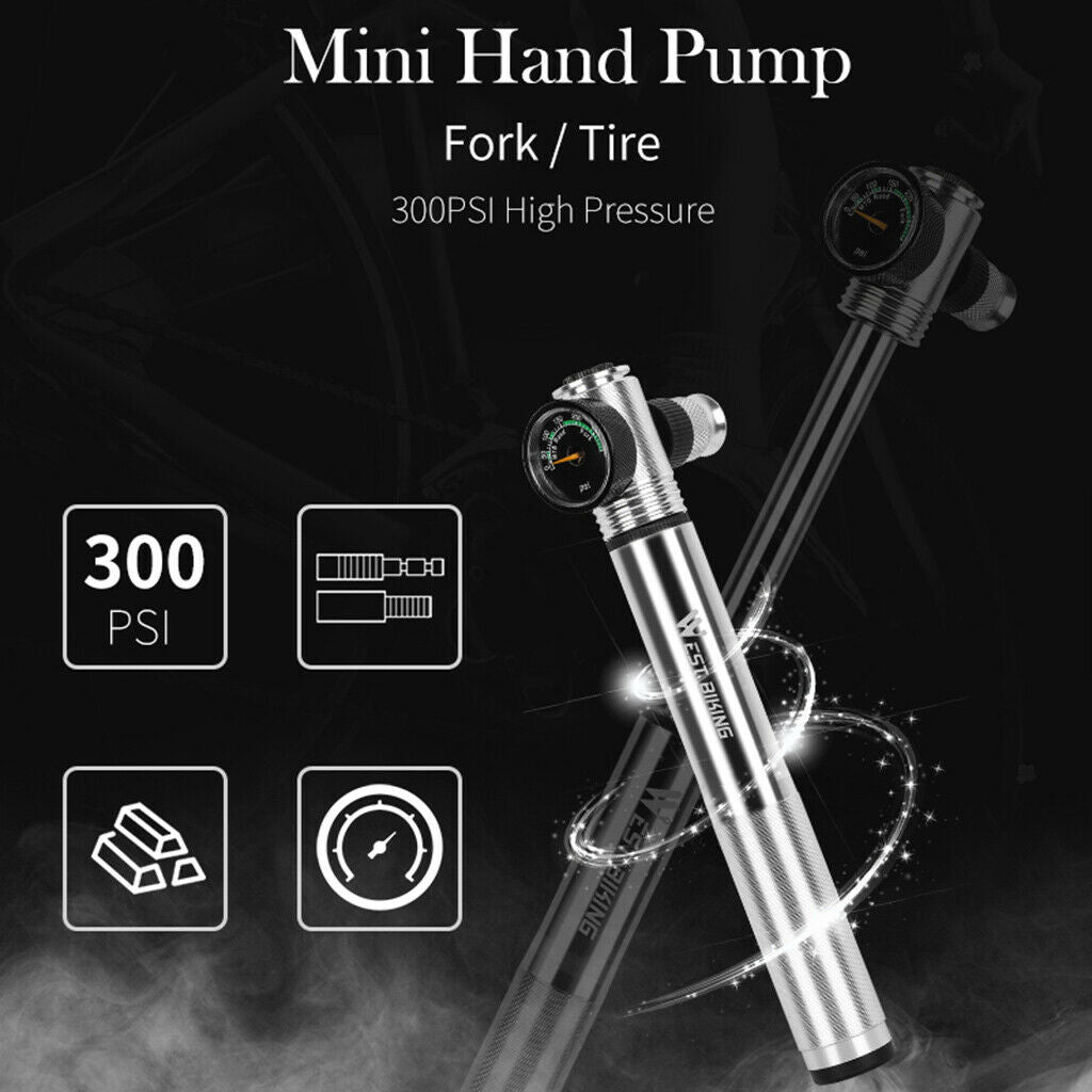Portable Bike Pump with Gauge 300psi Presta Schrader Dual Valve Pump Black