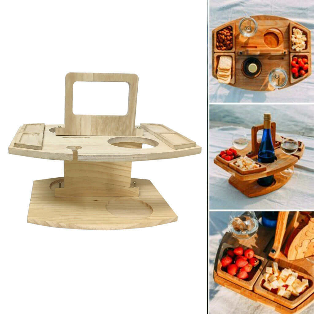 Wooden Outdoor Picnic Table with Glass Holder, Wine Bottle Holder Rack, Portable