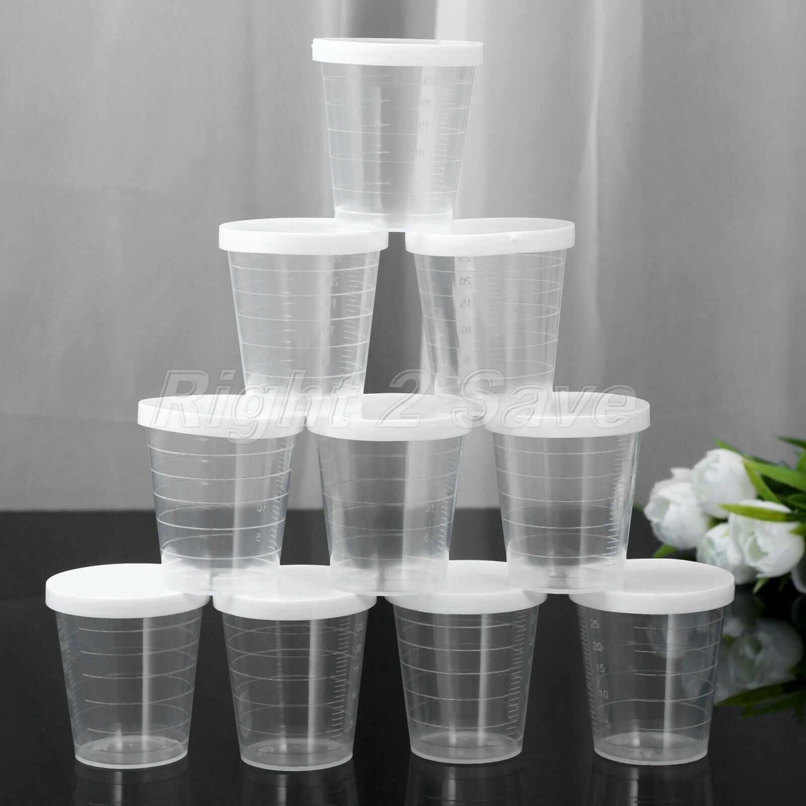 10Pcs 30ml Medicine Measuring Measure Cups With White Lids Cap Clear Container