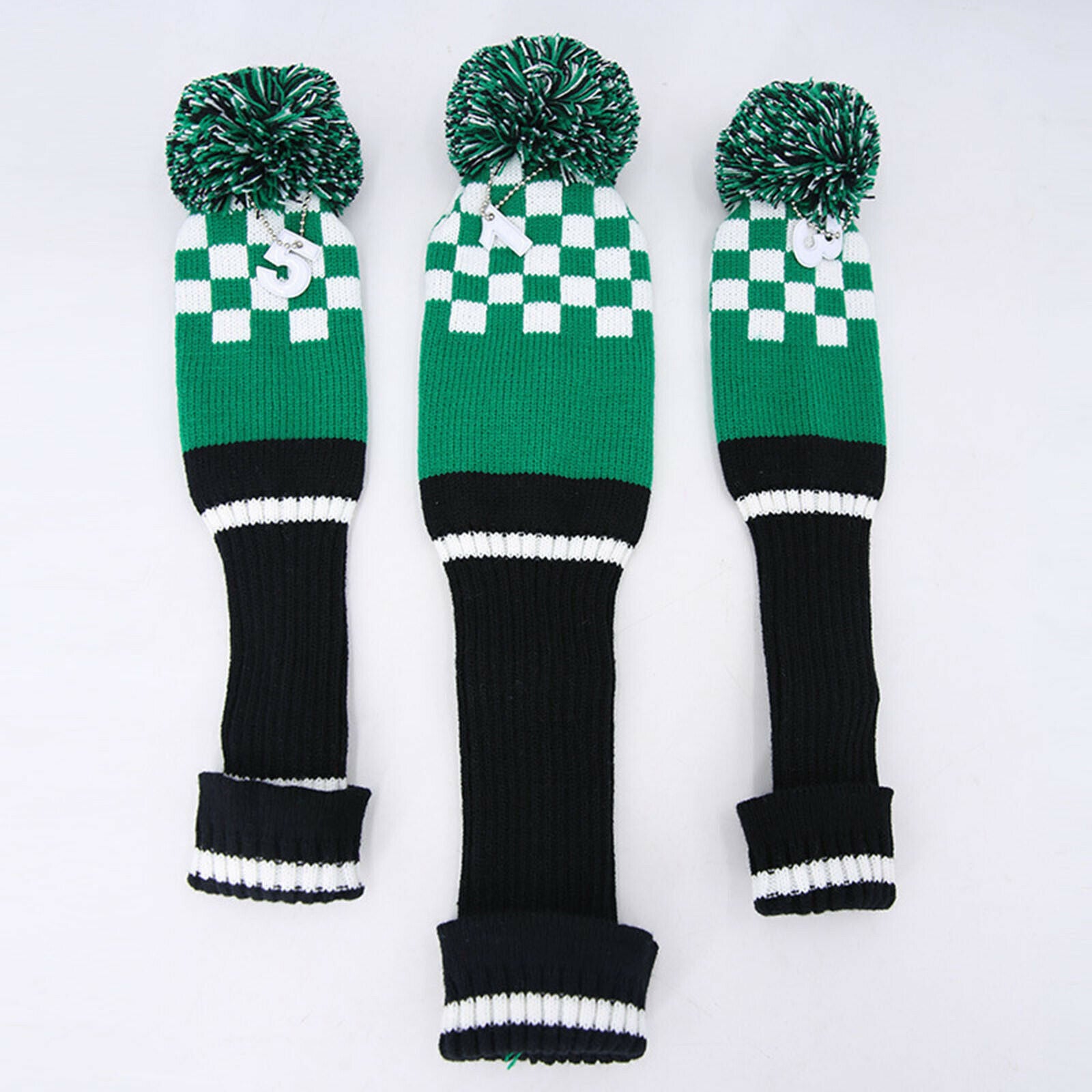 3x Knit Wood Golf Club Covers No. Tags 1 3 5 A Large Pom Pom Checkerboard