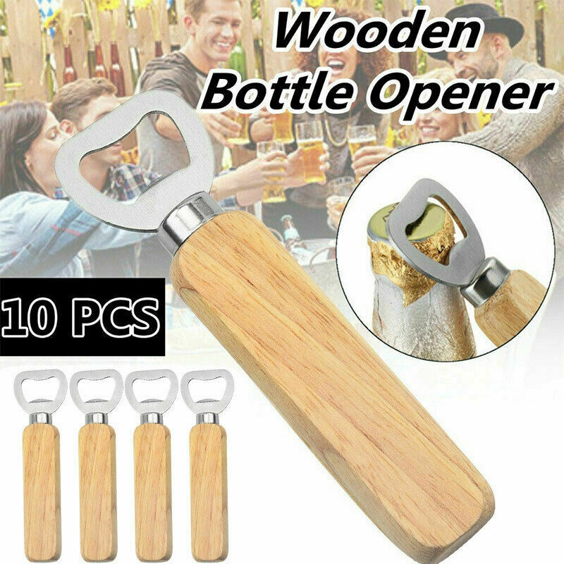 10pcs Wooden Handle Handheld Bartender Bottle Opener Wine Beer Soda