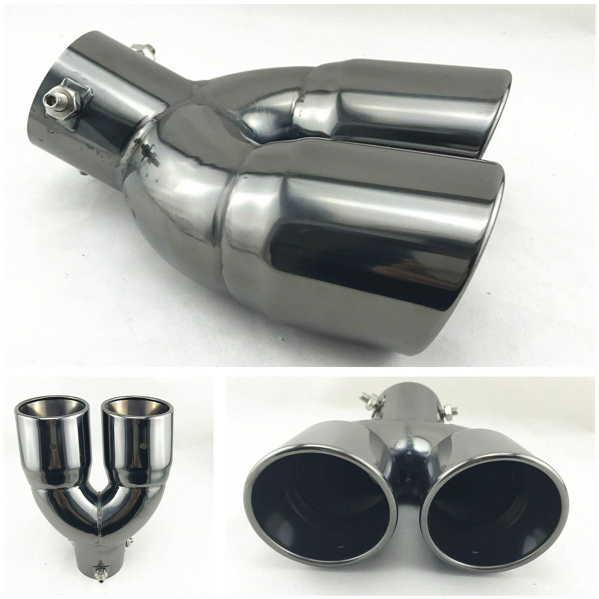 Clamp-on Stainless Round Curved Dual Exhaust Tip 2.5" Inlet Angled Muffler Pipe
