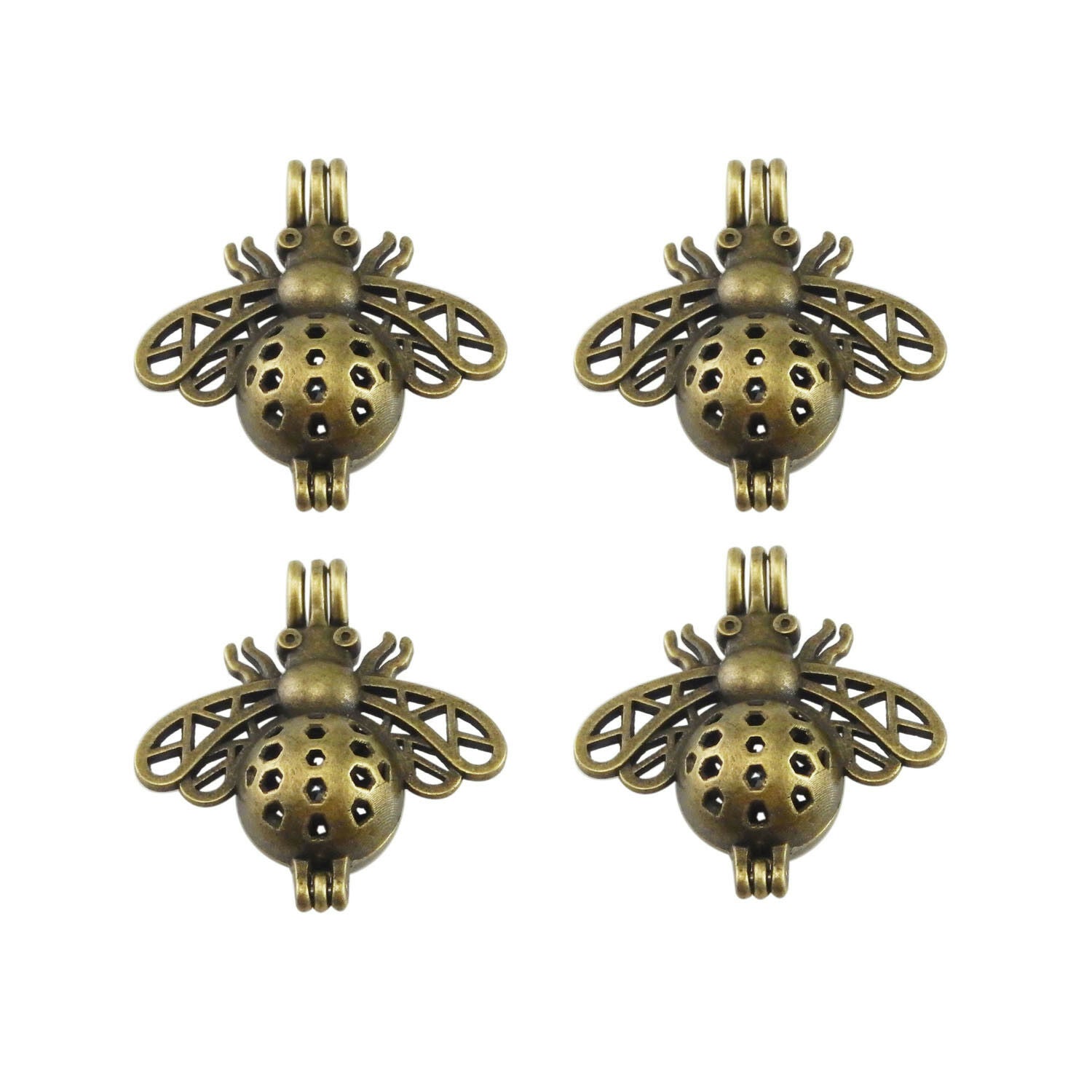 4PCS Retro Bronze Alloy Cute Bee Shape Hollow Locket Oil Diffuser Charms Pendant