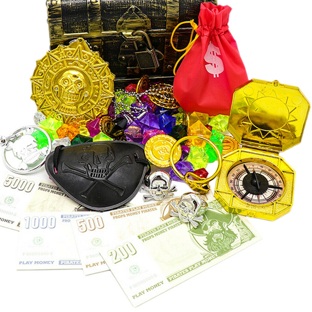 Pirate Treasures Chest Coin Money Jewellery Playroom Props Kids Pirate Toys