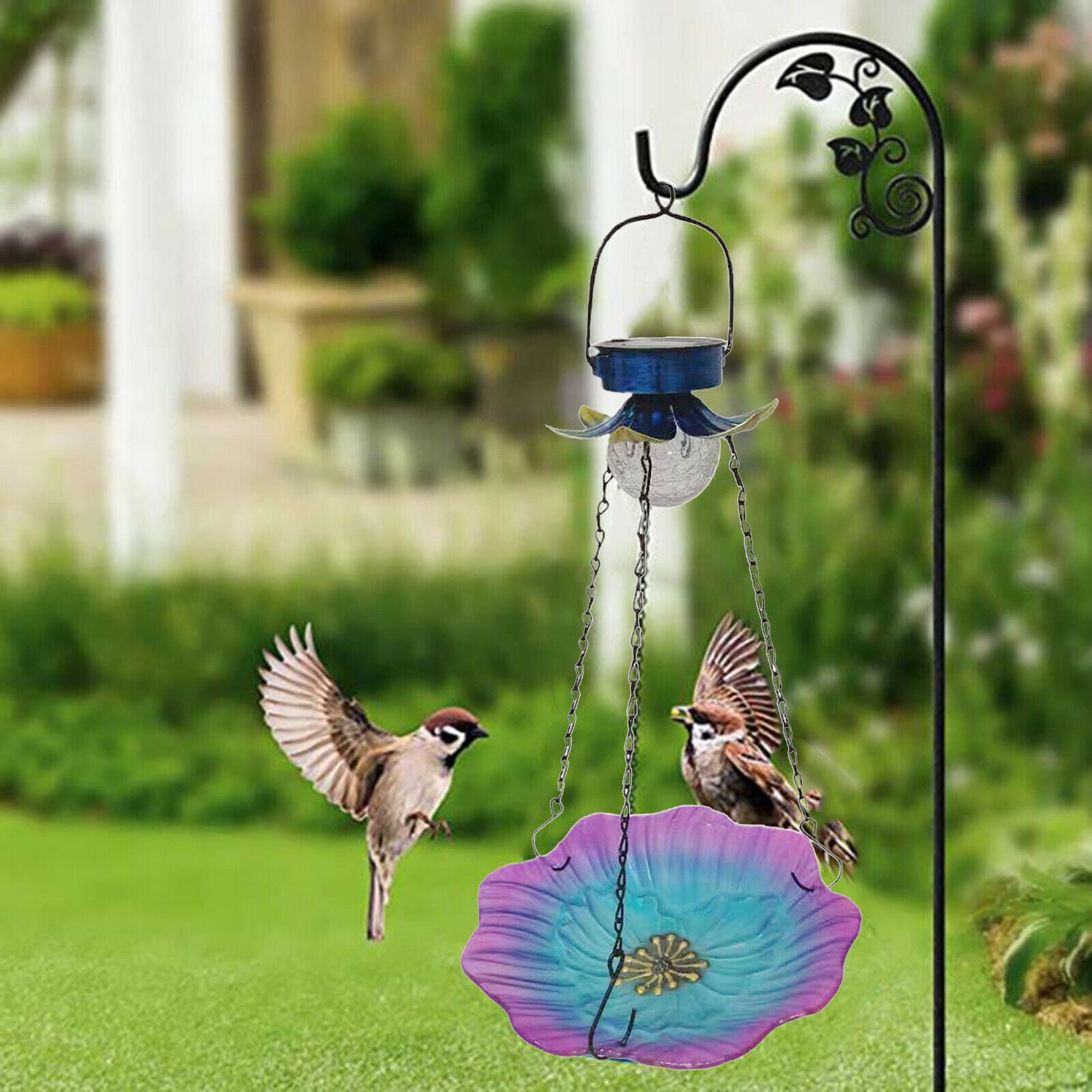 Bird Feeder Outdoor Garden Decor Ornament with Blue Sunflower Yellow Light
