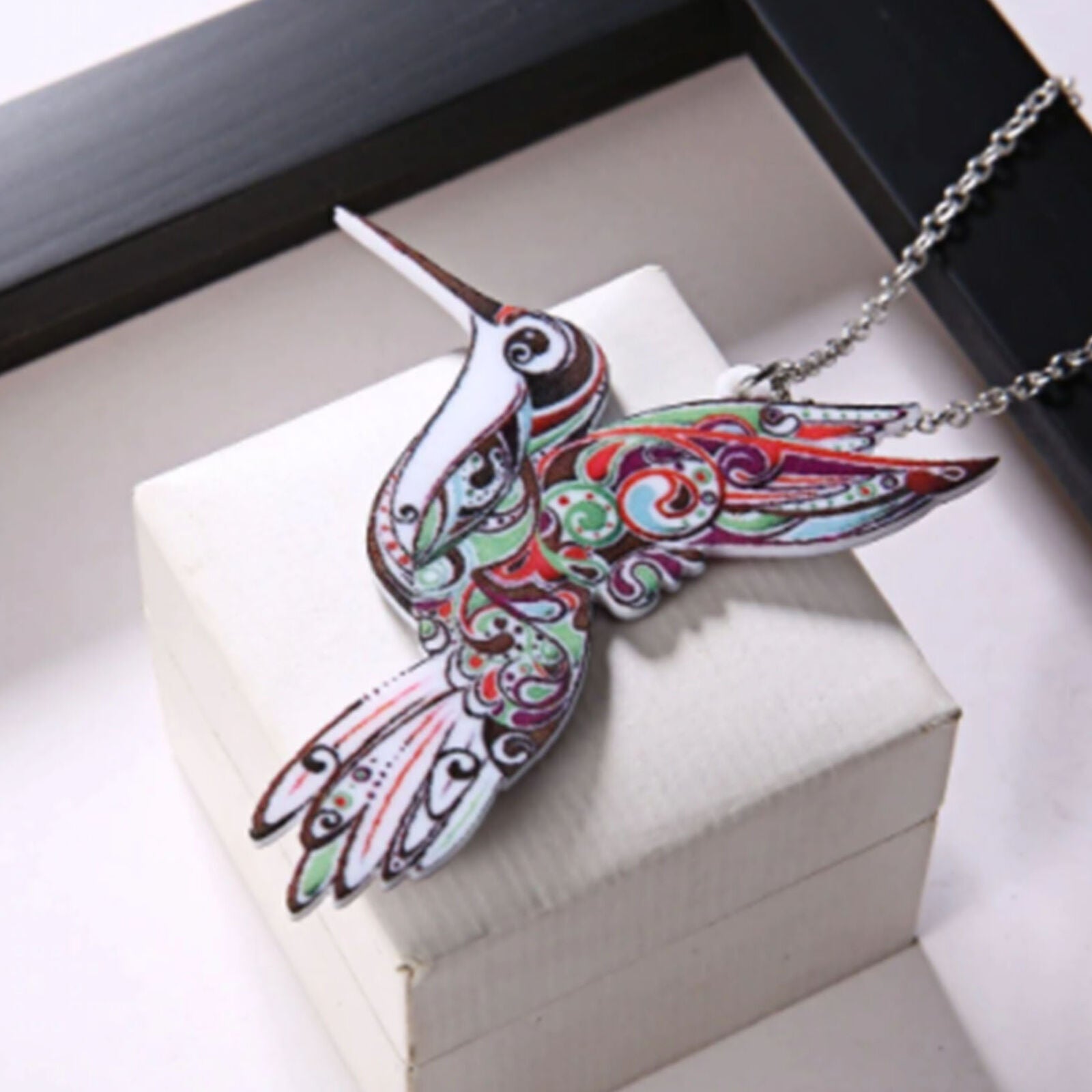Colorful Acrylic Hummingbird Charm Pendant Necklace w/ Chain Bird Theme