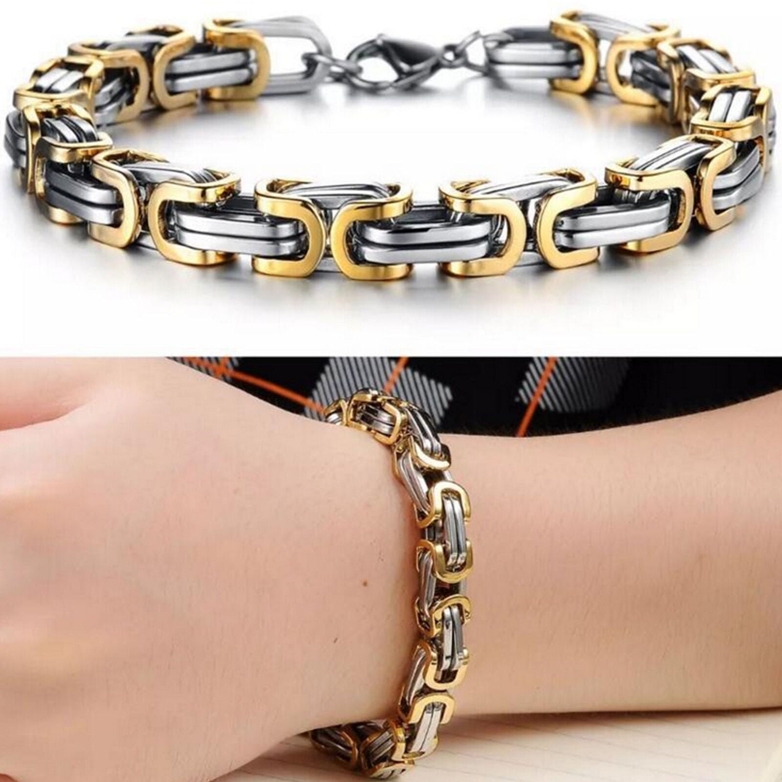 8MM Men's Square Mechanic Stainless Steel Byzantine Link Chain Bracelet 8.66"