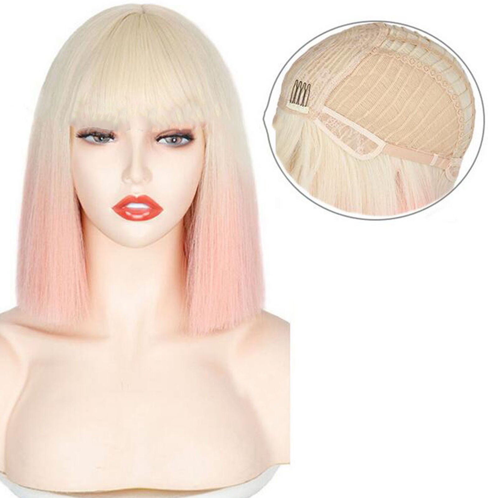 Fashion Short Straight Bob Wig Ombre White Blonde Pink with Bangs Synthetic Hair