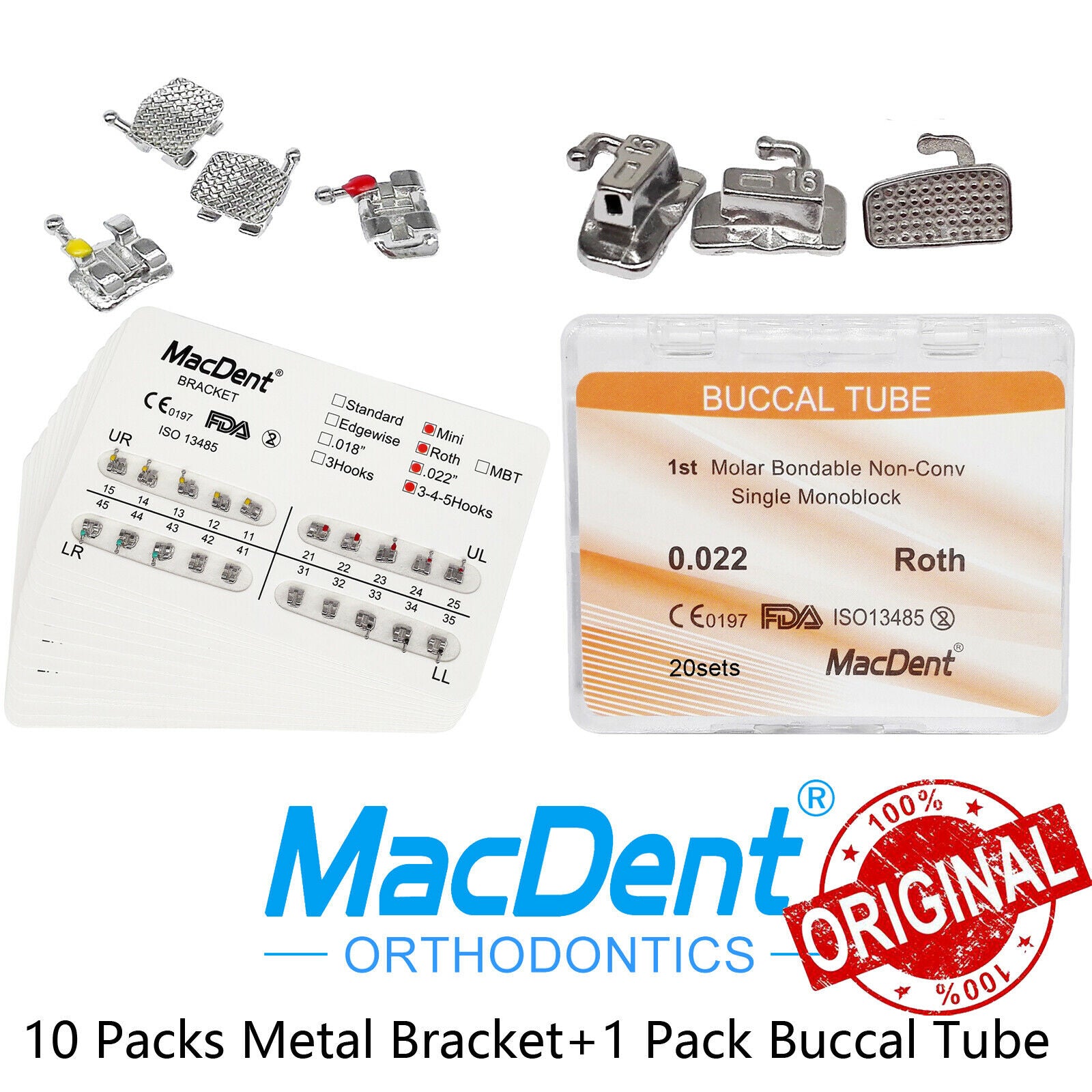 Dental Orthodontic Brackets Metal Mini Roth 022 Hook 345 + Buccal Tube Monoblock