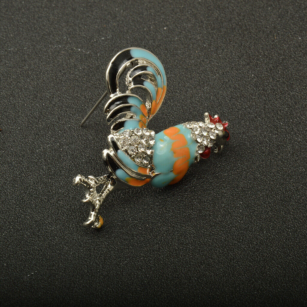 Retro Crystal Rhinestone Cock Rooster Animal Brooch Pins Christmas Blue