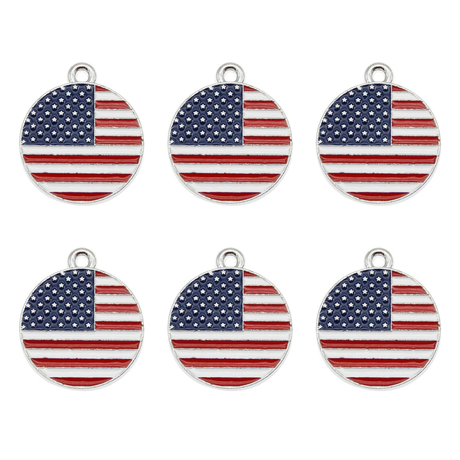 8 pcs US Flag Charm Enamel Round Tag Pendant Keychain Making Alloy Crafts 23mm