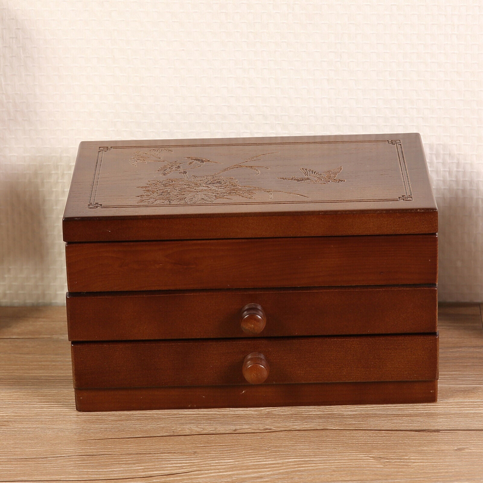 Wooden Jewelry Box Earrings Organizer Case with Mirror & Drawer for Women