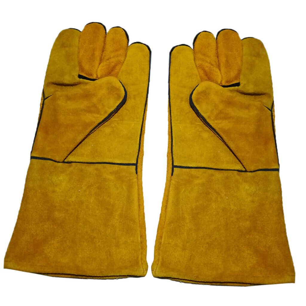 1 Pair Yellow Mig Welding Gauntlets Protective Gloves Heat Resistant Leather