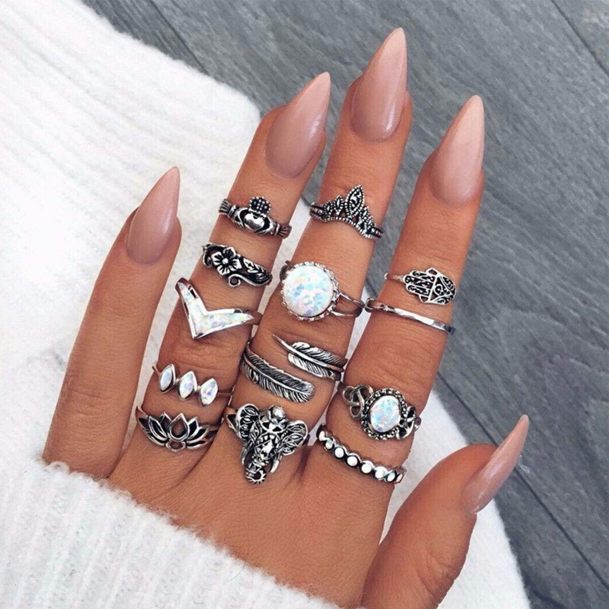 13 PCS/Set Boho Fatima Elephant Lotus Knuckle Rings Opal Rings Set Jewelry