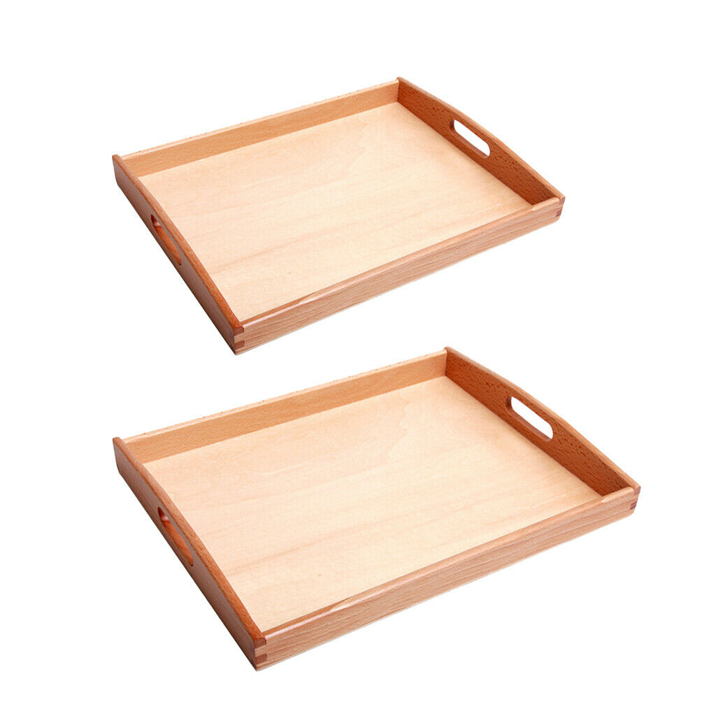 2 Wooden Montessori Rectangle Tray Cubes Beads Toys Holders With Handle S&M