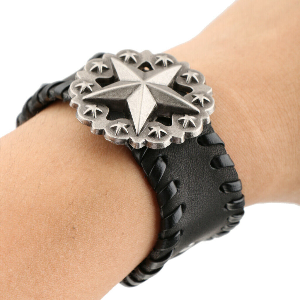 Black Retro Braided Mens Wide Leather Wristband Pentagrams Bangle Bracelet