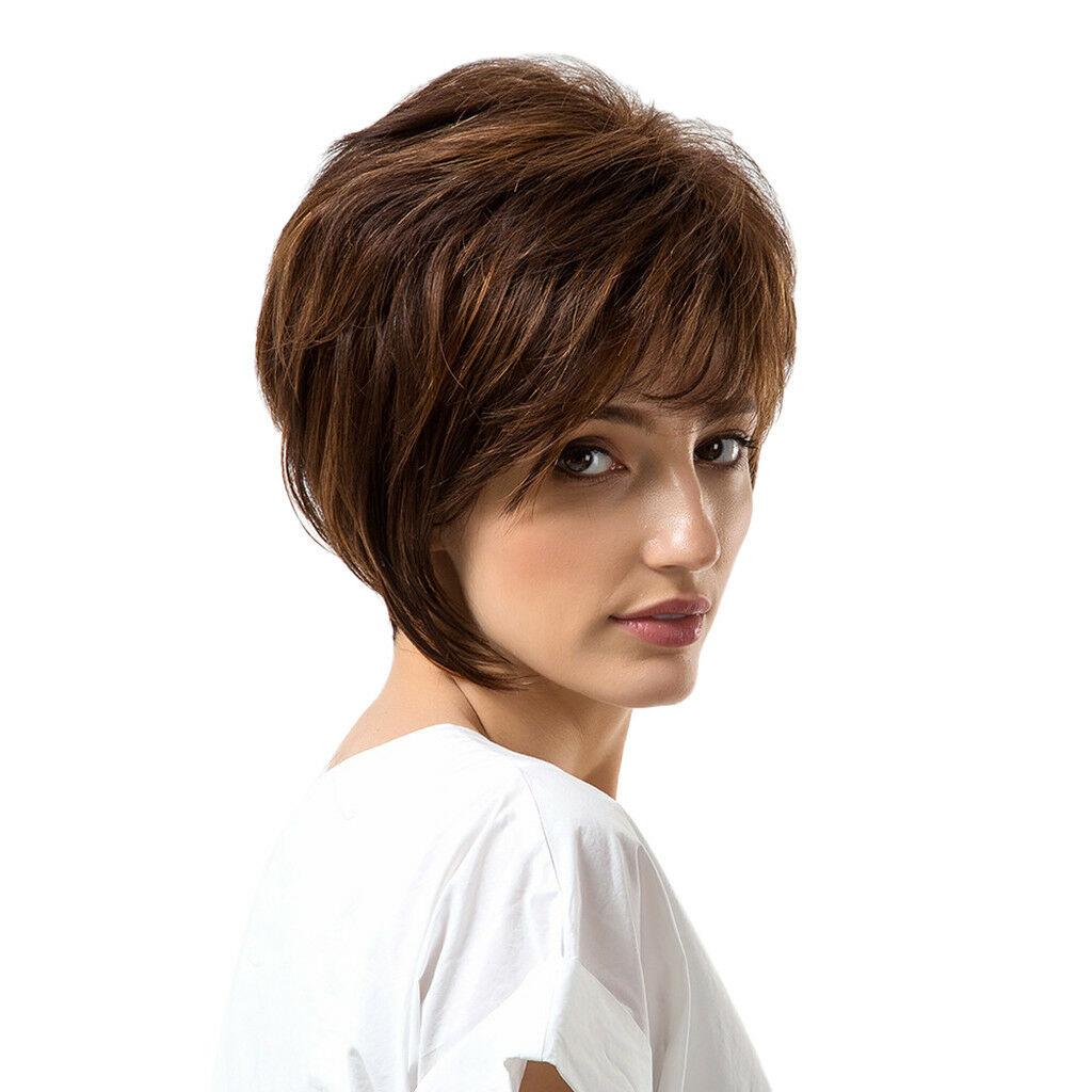 Short Human Hair Wig Deep Brown Color Layered Curly Wig Daily Party Heat OK