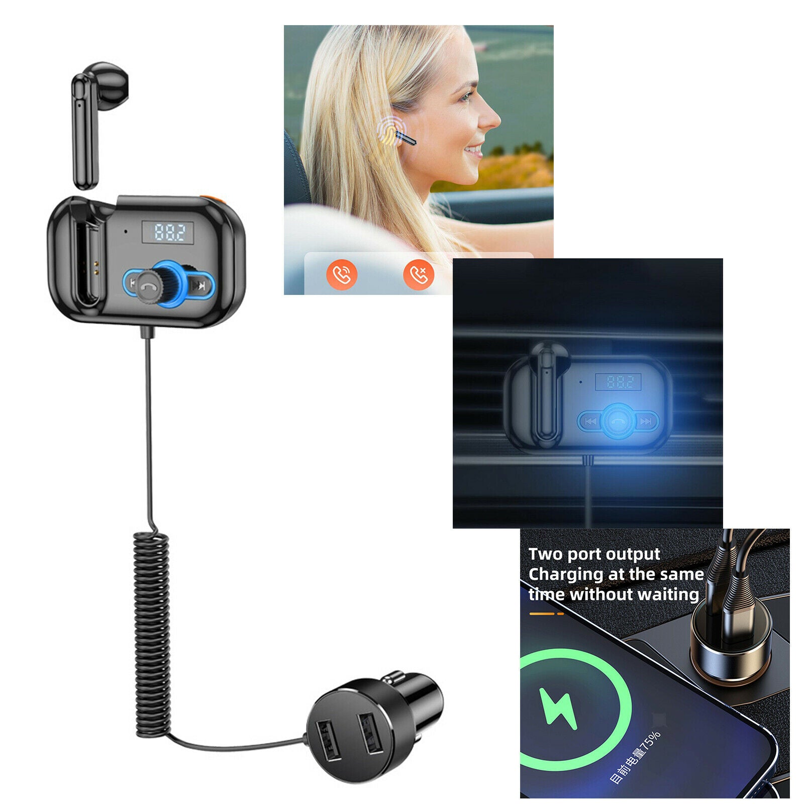 Car Charger Adapter FM Transmitter Hands-free Receiver Dual USB Port 12V 24V
