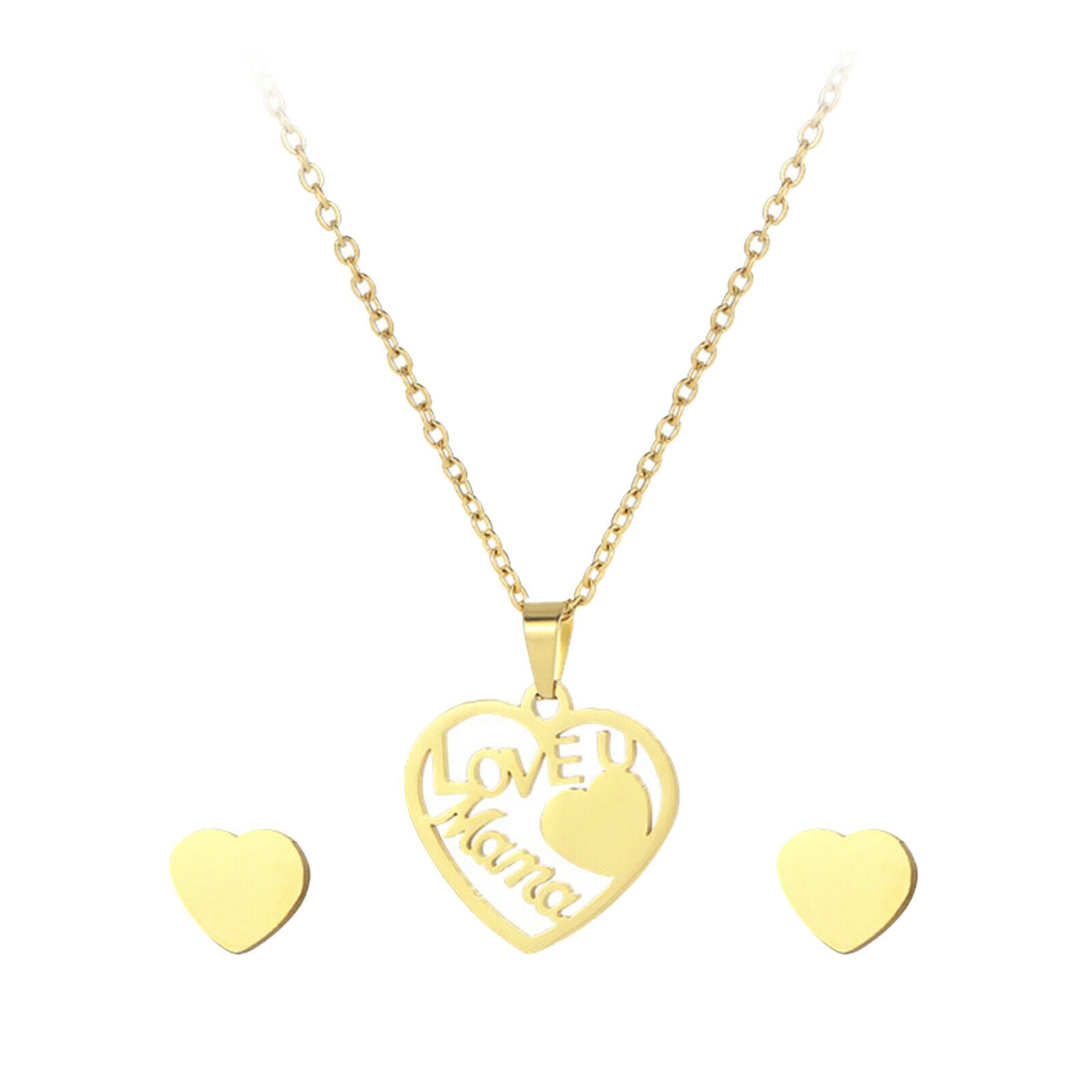 Love Mom Heart Pendant Necklace with 2 Ear Stud Earrings Stainless Steel