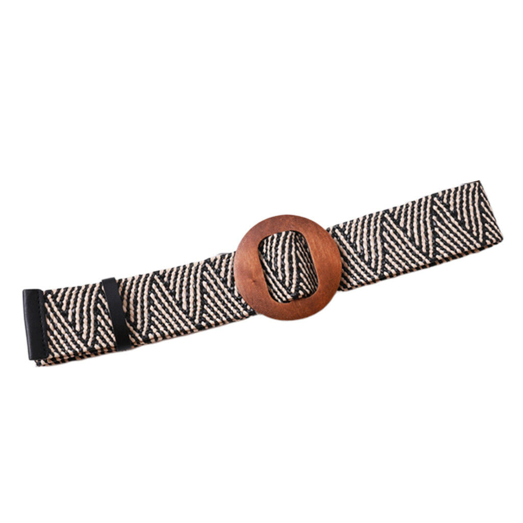 Women Braided Straw Waistband Cinch Belt with Round Wooden Buckle Stripe