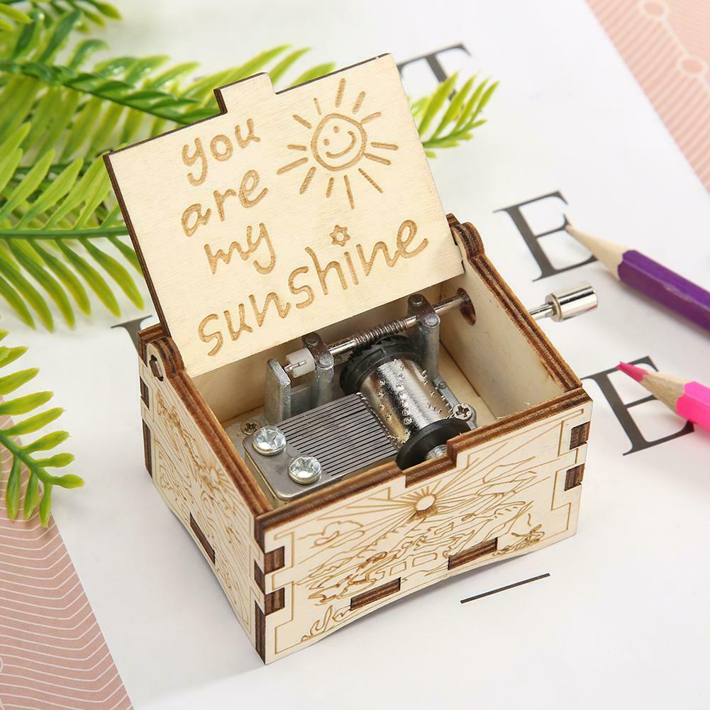 Retro Carved Wooden Manual Music Box Hand Cranked Birthday Gift Ornaments @