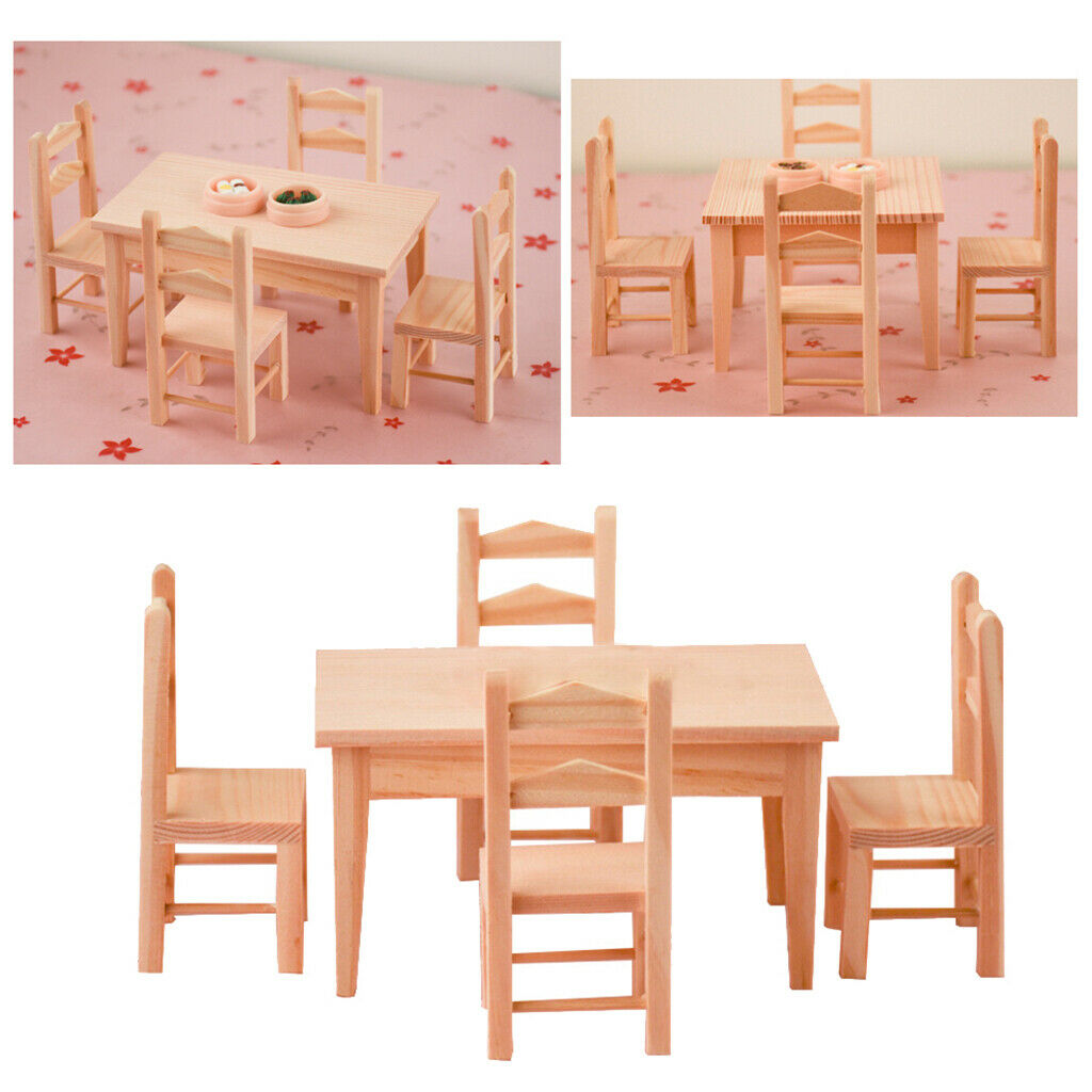 1/12 Simulation Natural Wooden Table with Chairs Scene Set Accessories