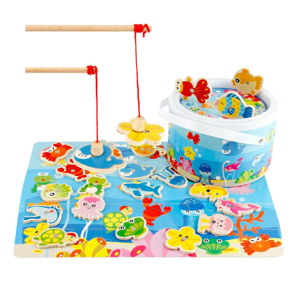 Toddler Wooden Magnetic Fishing Pole Set Game Go   Ocean Animals