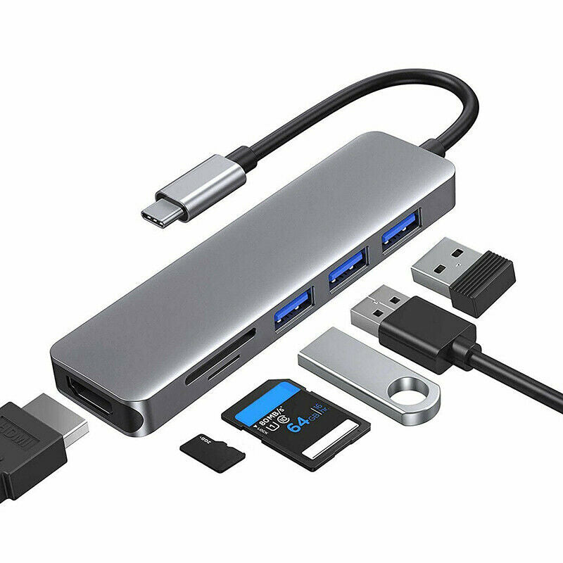 Type C Hub Adapter 6 in 1 USB C to Ethernet RJ45/ 4K HDMI/ 2 USB 3.0 Po LpC XC