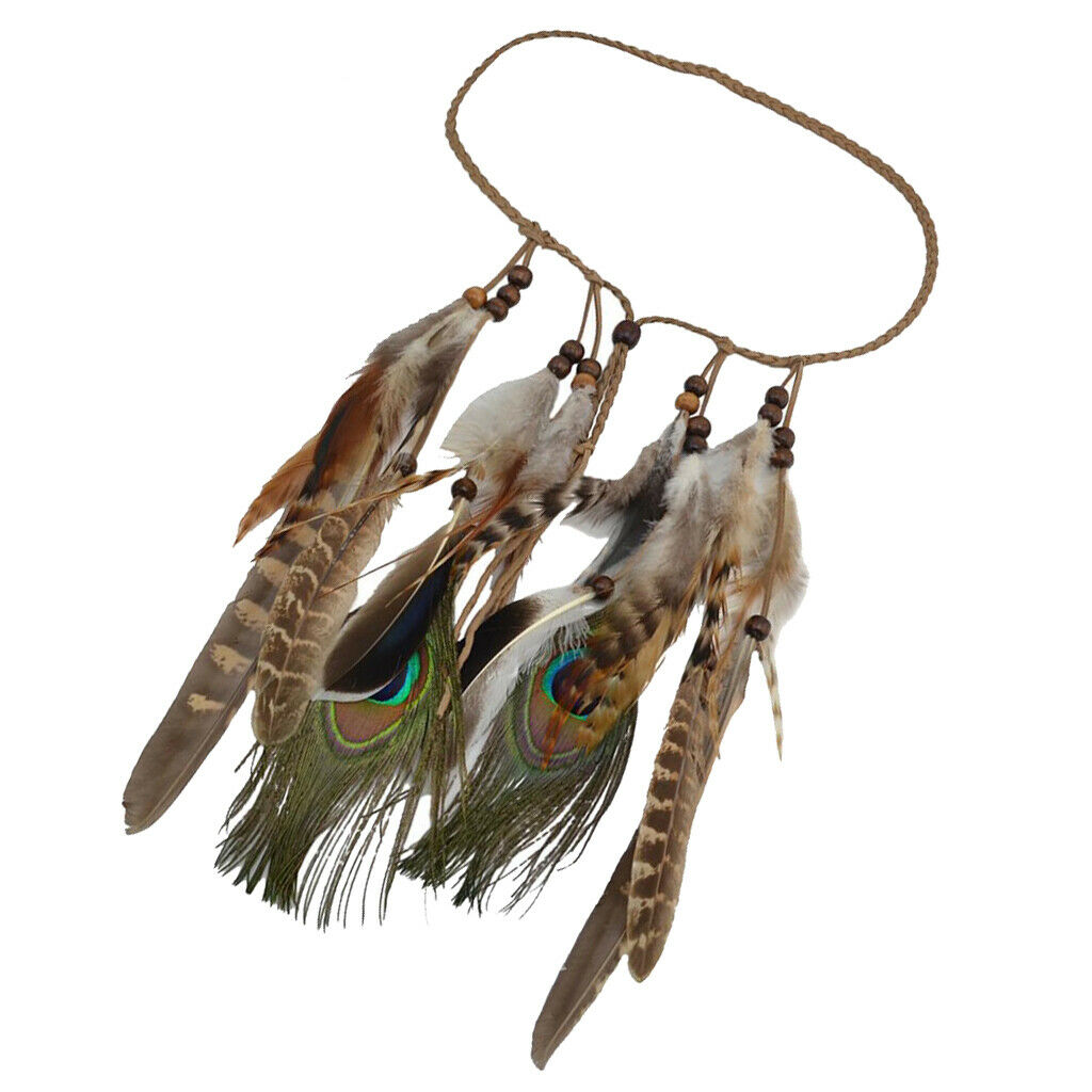 Behomian Ethnic Peacock Feather Long Tassels Headband Hair Headpiece Brown