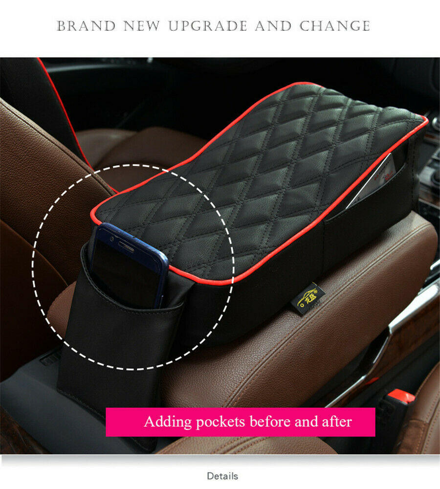 Car Armrest Cushion Box Mat Armrest Console With Phone Holder Storage Bag Black