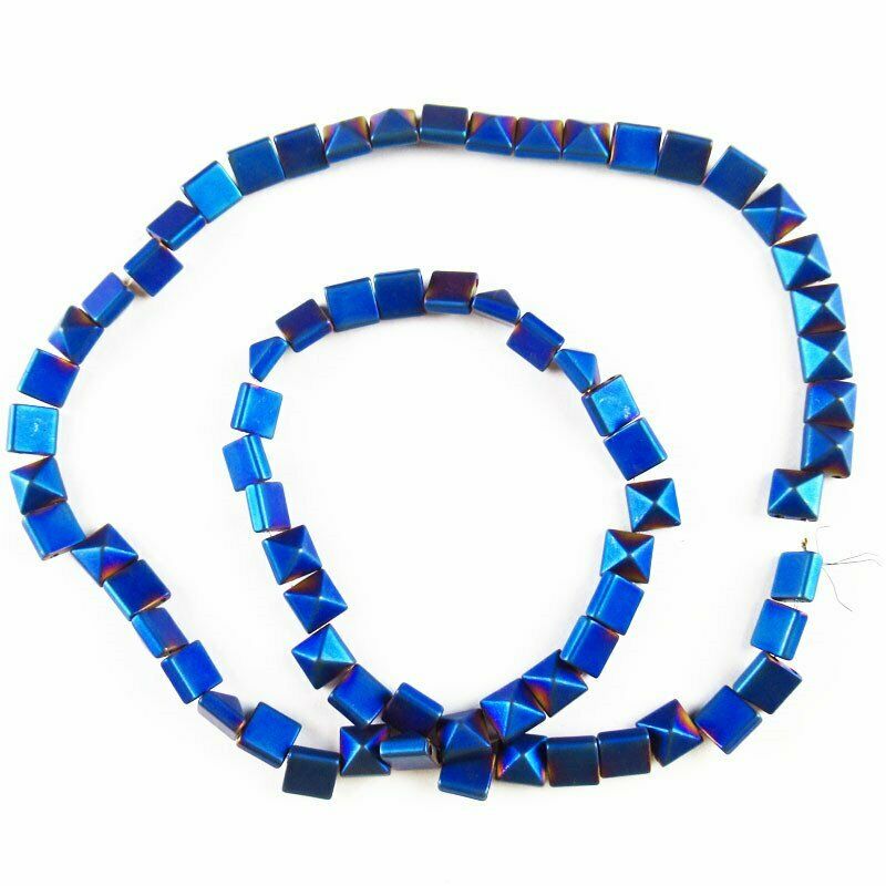 6x6x4mm Blue Frosted Hematite Pyramid Pendant Loose Bead 15.5 inch A-392TS