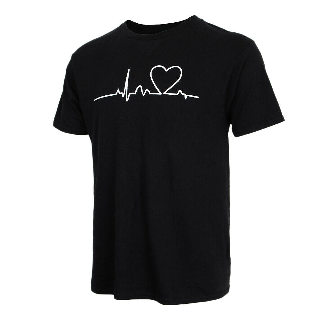 Men's Summer Casual Beating Heart Print O Neck Short Sleeve T-Shirt  S Black