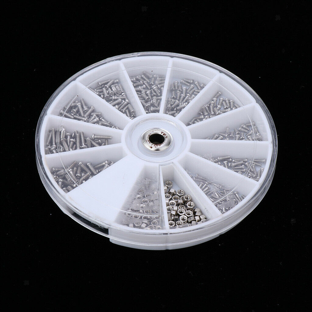 600pcs Tiny Glasses Screws Nuts Watch Repair Tool Kit in 12 Grids Round Box,