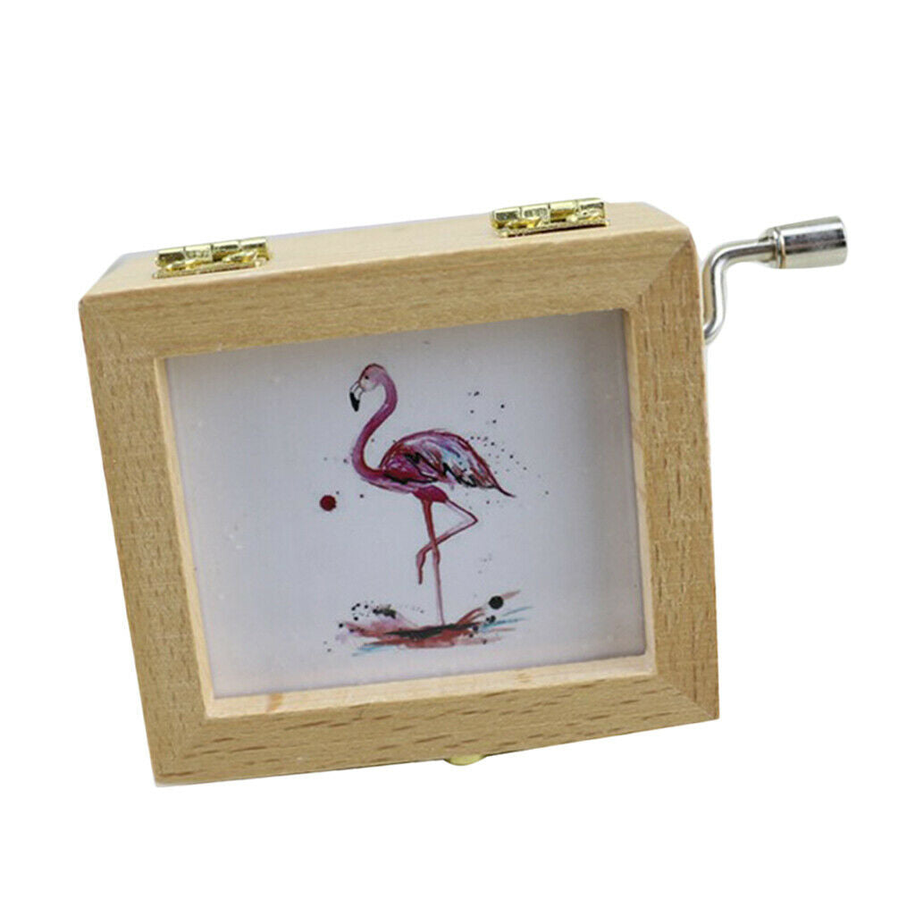 Wood Hand Crank Musical Box Flamingo Decor for Birthday Gift Exquisite