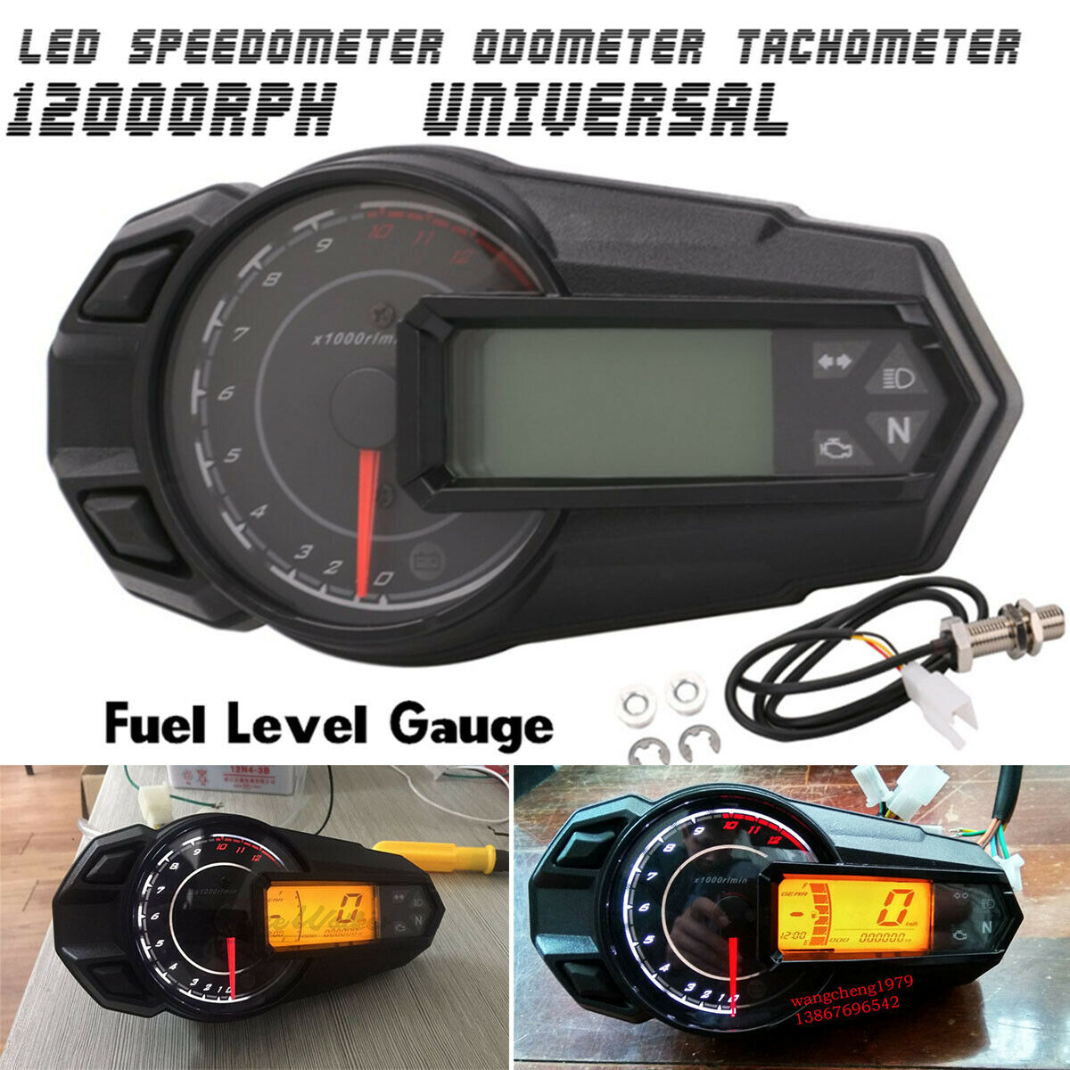 12000RPH Motorcycle Universal LCD Digital Speedometer Tachometer Odometer Gauge