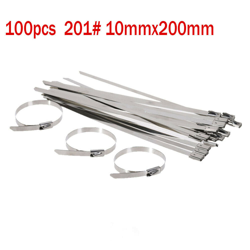 100pcs 10mmx200mm Stainless Steel Cable Ties Heat Exhaust Wrap Metal Wire Strap