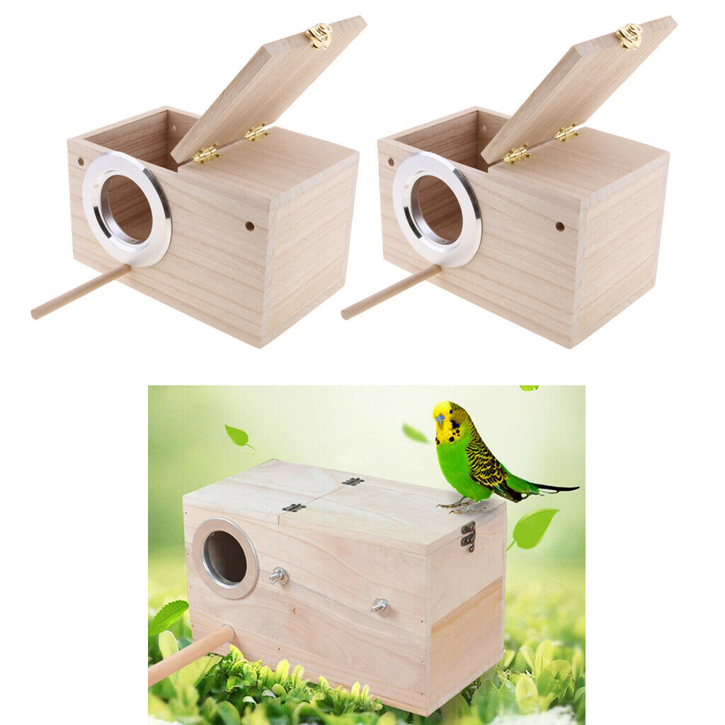 2x Wooden Budgie Nest Nesting Box & Perch For Cage Aviary With Opening Top