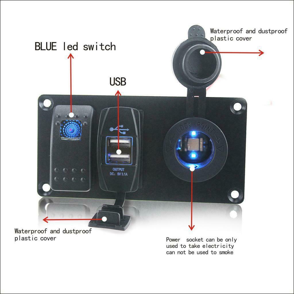 Car Boat Panel Blue Rocker Switch + USB Power Charger + Cigarette lighter