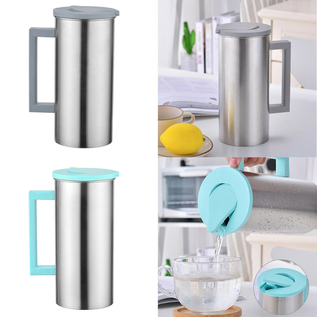 2 Pcs Stainless Steel 1.8L Water Pitcher Grey Juice Jar Kitchen Cafe Serving -