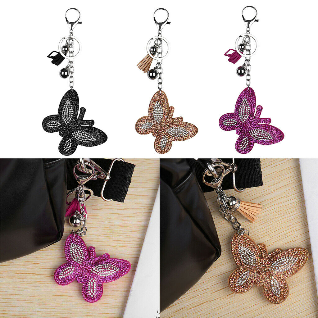 Butterfly Rhinestone Pendant Tassel Key Ring for Purse Bag Pendant Red