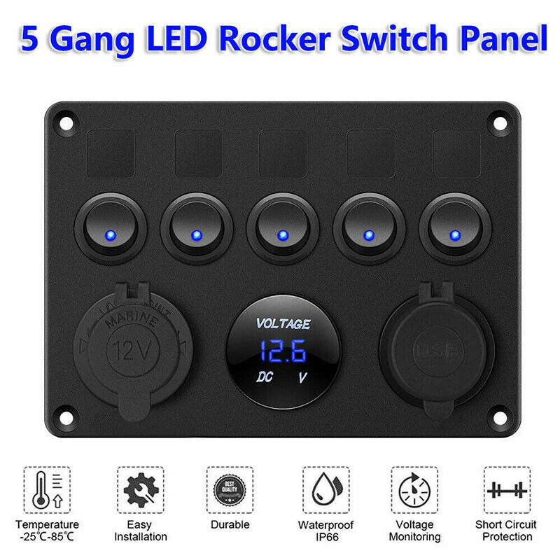 5 Gang Switch Panel 12V/24V Car Boat Marine Blue LED Rocker Breaker ControlsBDA