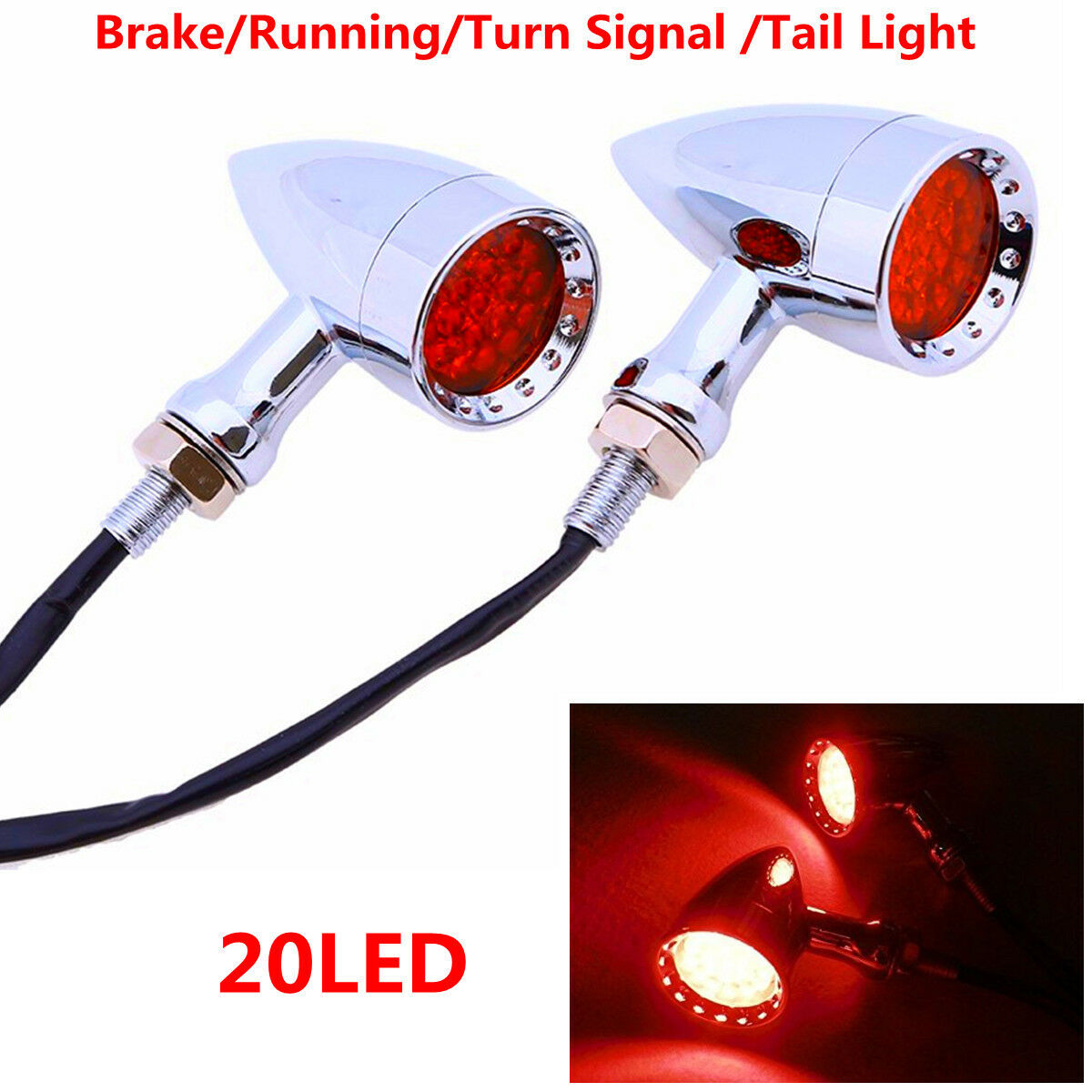 12V Red 20 LED Chrome Shell Motorcycle Stop Brake/Running Turn Signal Tail Light