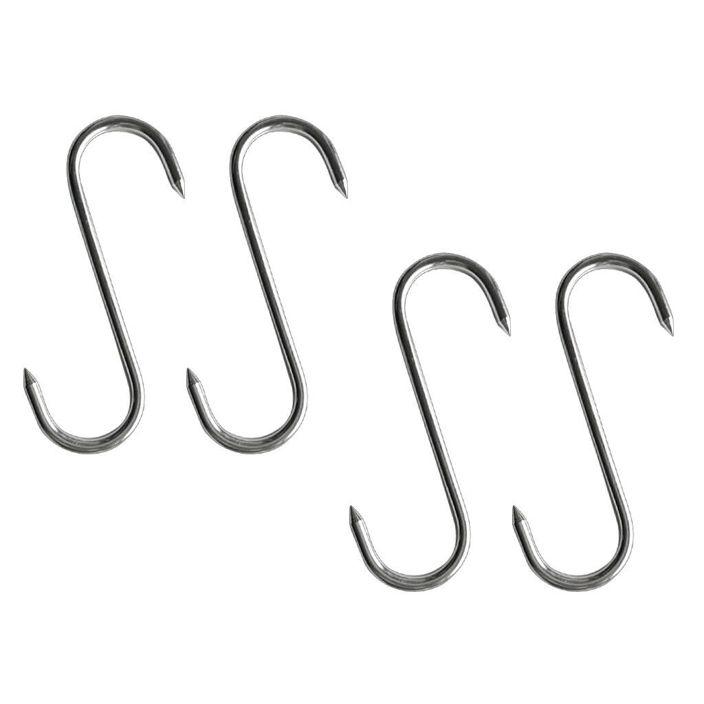 Lot of 4, Large S Shaped Stainless Steel Metal Hooks Kitchen Meat Hanger