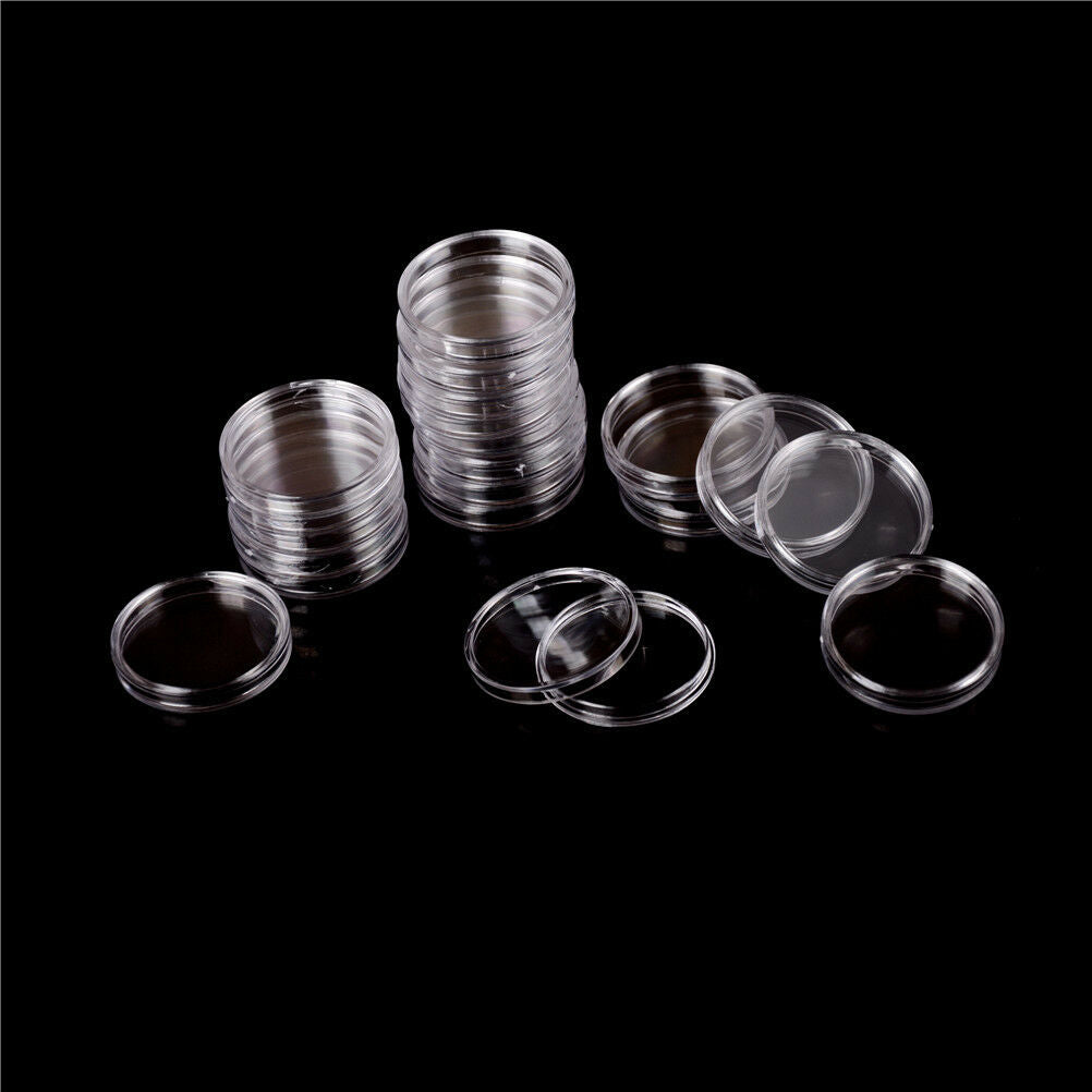 100 Clear Coin Capsules Coin Case Holders 27mm Round Storage Box HVB.DD